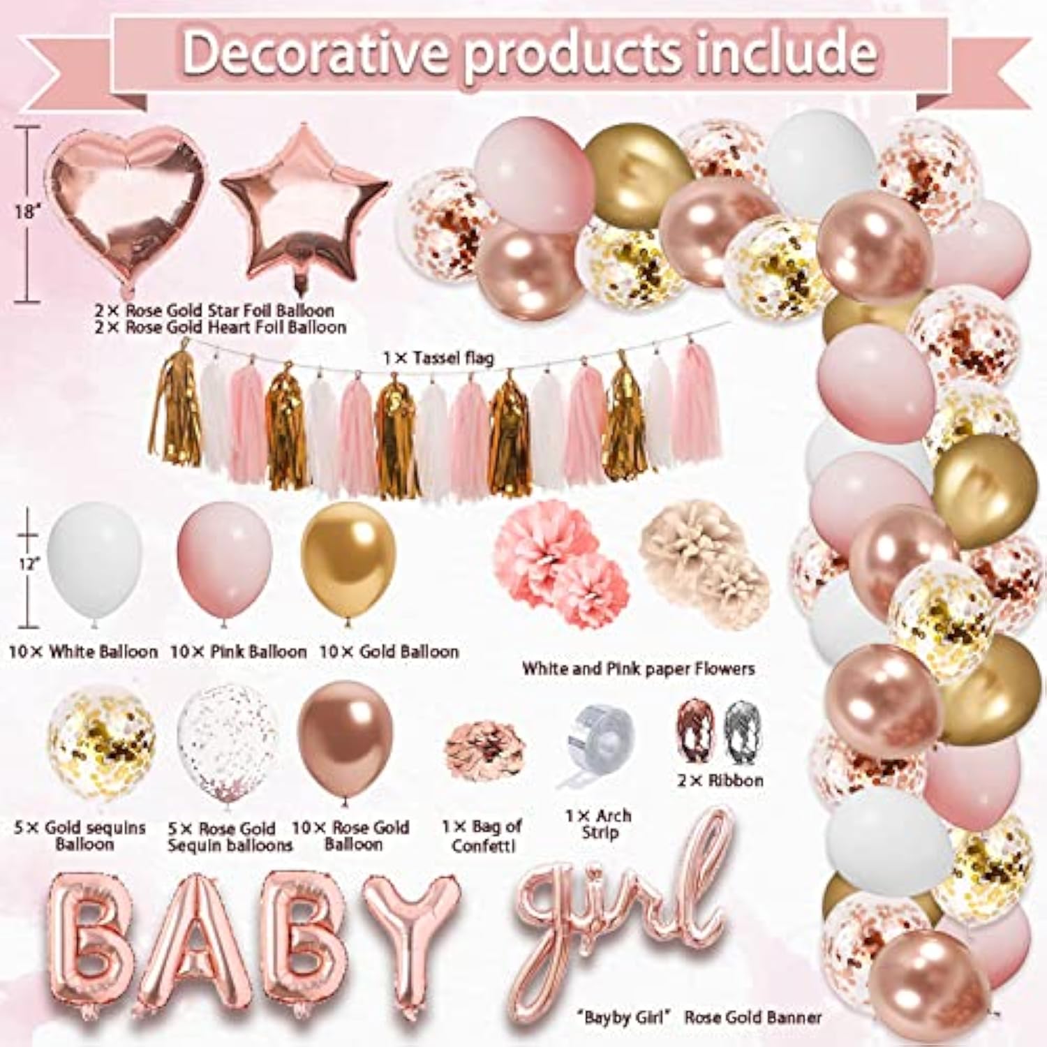 303PCS Pink Rose Gold Baby Shower Decor & Dinnerware Set for 25 Guests