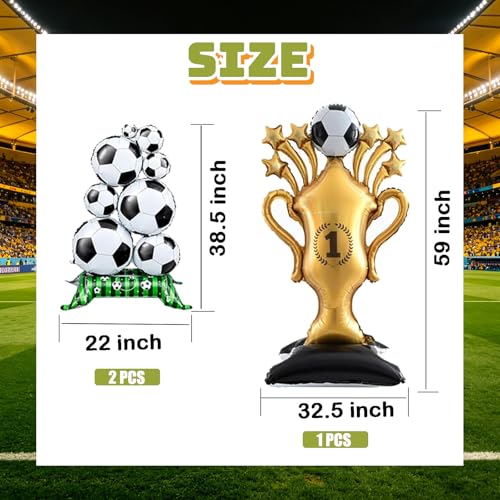 3 Pcs Soccer Party Decorations, 59 Inch Gold Champion Trophy & Self Standing Soccer Ball Balloons, 2026 World Cup Sports Themed Decor for Boys Birthday and Football Fan Party Supplies