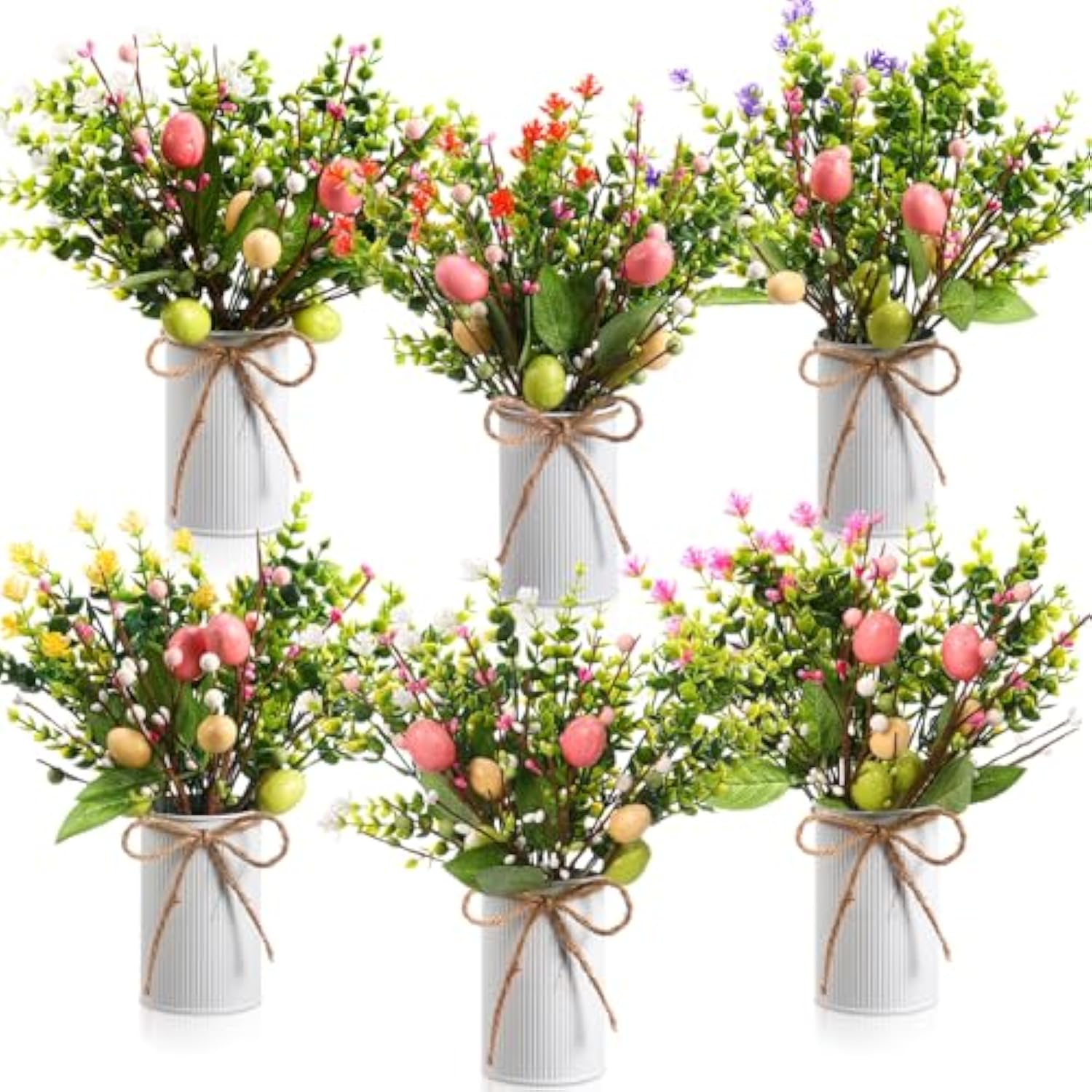 6 Sets Spring Easter Table Centerpiece Decor 12 Easter Artificial Flower Picks With 6 Metal Pots 12 Eucalyptus Egg Stems Twig Branches Sprays With Berries For Home Arrangement(White)