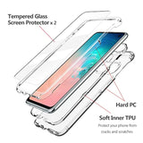 Clear Case for Samsung Galaxy S10E Shockproof Protective Cover with Hybrid Design, Hard PC Back and Front Cover, Flexible TPU Bumper, and 2 Pack Tempered Glass Screen Protector for 3 in 1 Full Body Protection