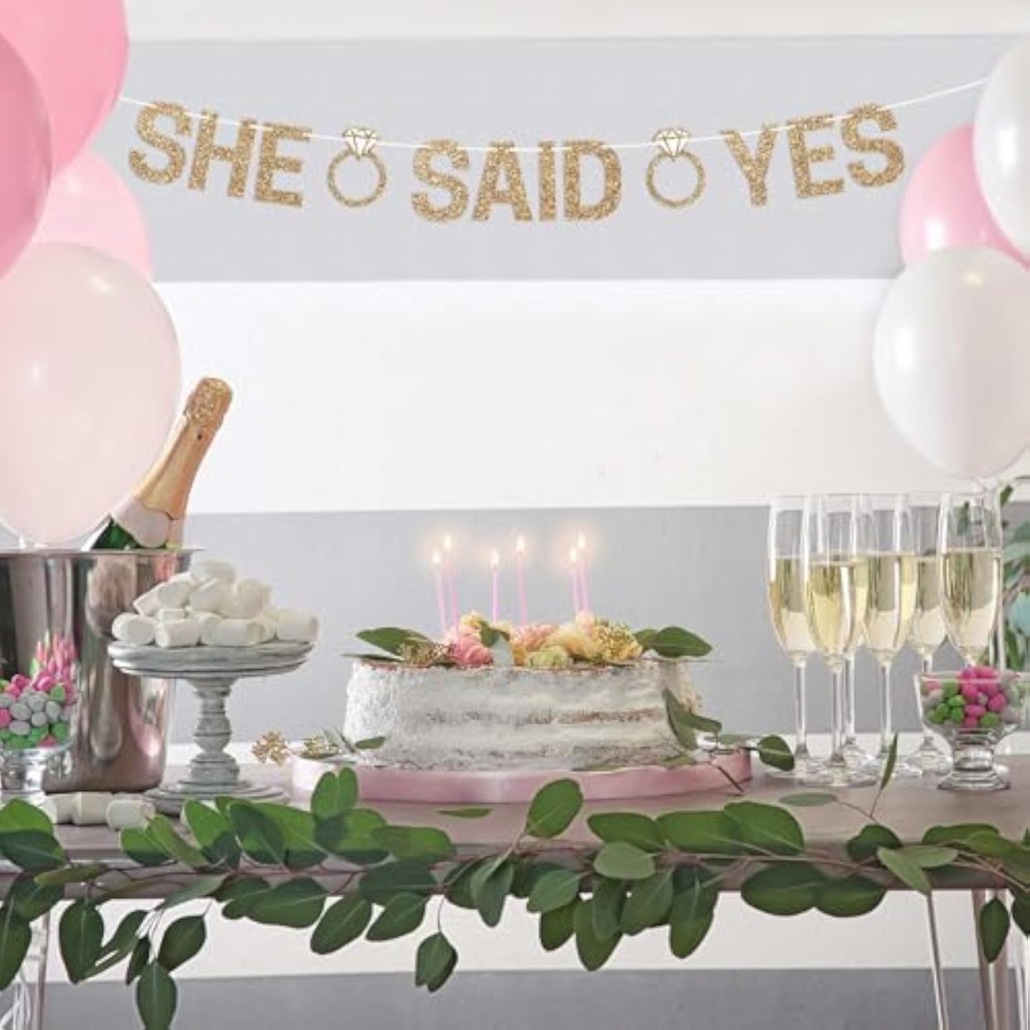 Pre-Strung She Said Yes Banner - No Diy - Gold Glitter Wedding Engagement Bridal Shower Banner - Pre-Strung On 10 Ft Strands - Just Engaged, Bride To Be, Happy Engagement Party Decorations - No Diy