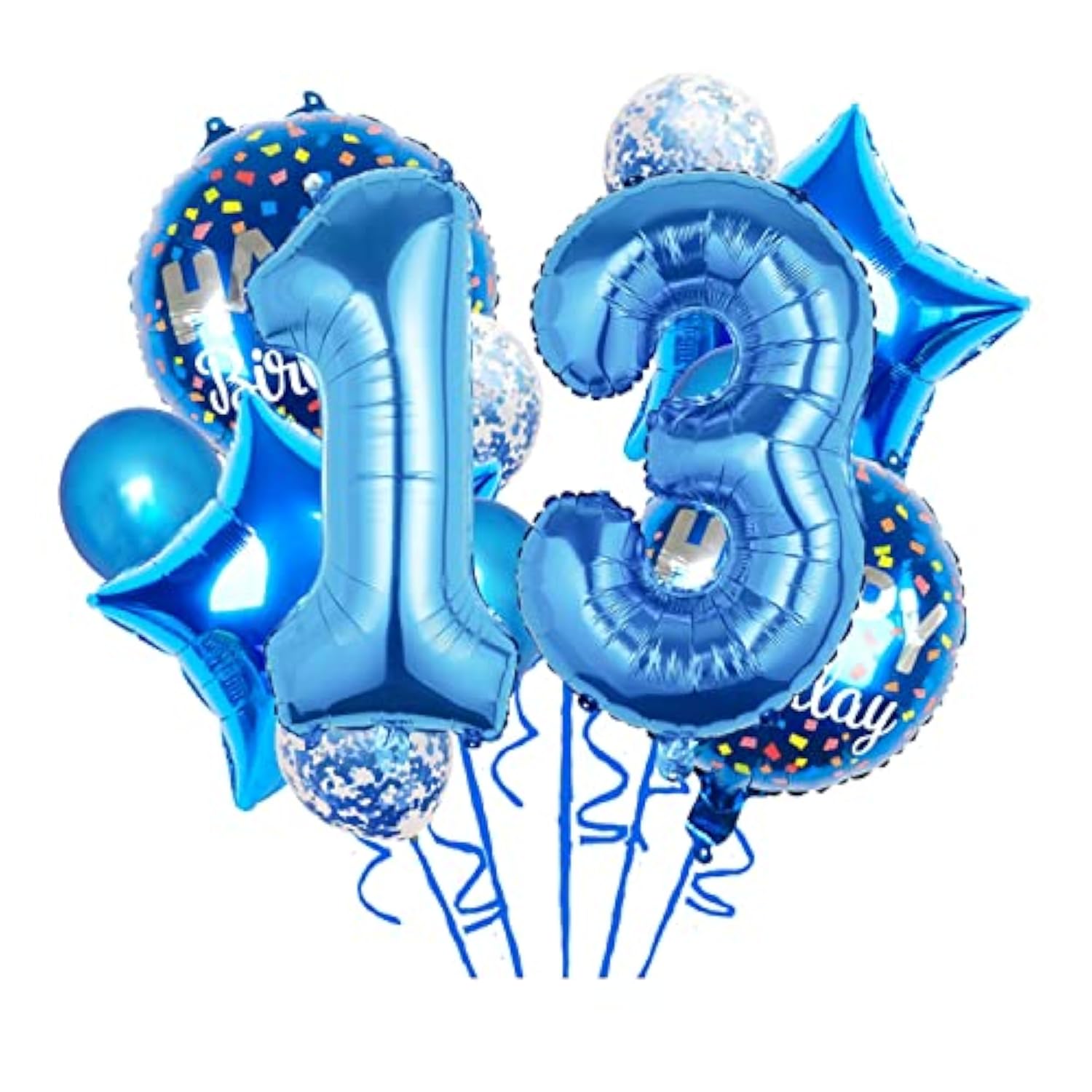 11 Pc Blue 13th Birthday Foil Balloons & Confetti Balloon Set for Kids Party Decor
