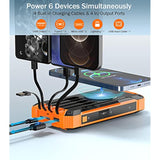 Power Bank Wireless Charger 36000Mah Built In 4 Cables Six Outputs 15W Fast Charging Power Bank For All Mobile Devices Three Inputs Solar Portable Charger With Dual Flashlights, Carabiner