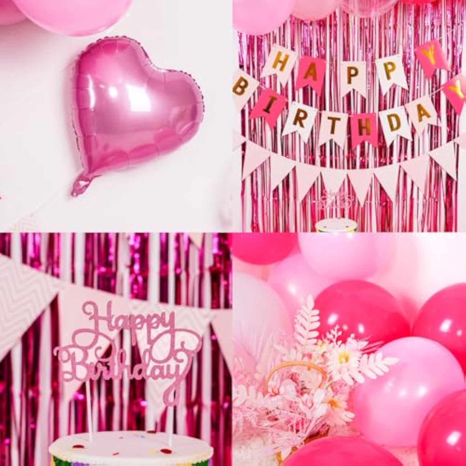 37pcs Hot Pink Birthday Kit with Banner, Fringe Curtain & Heart Foil Balloons