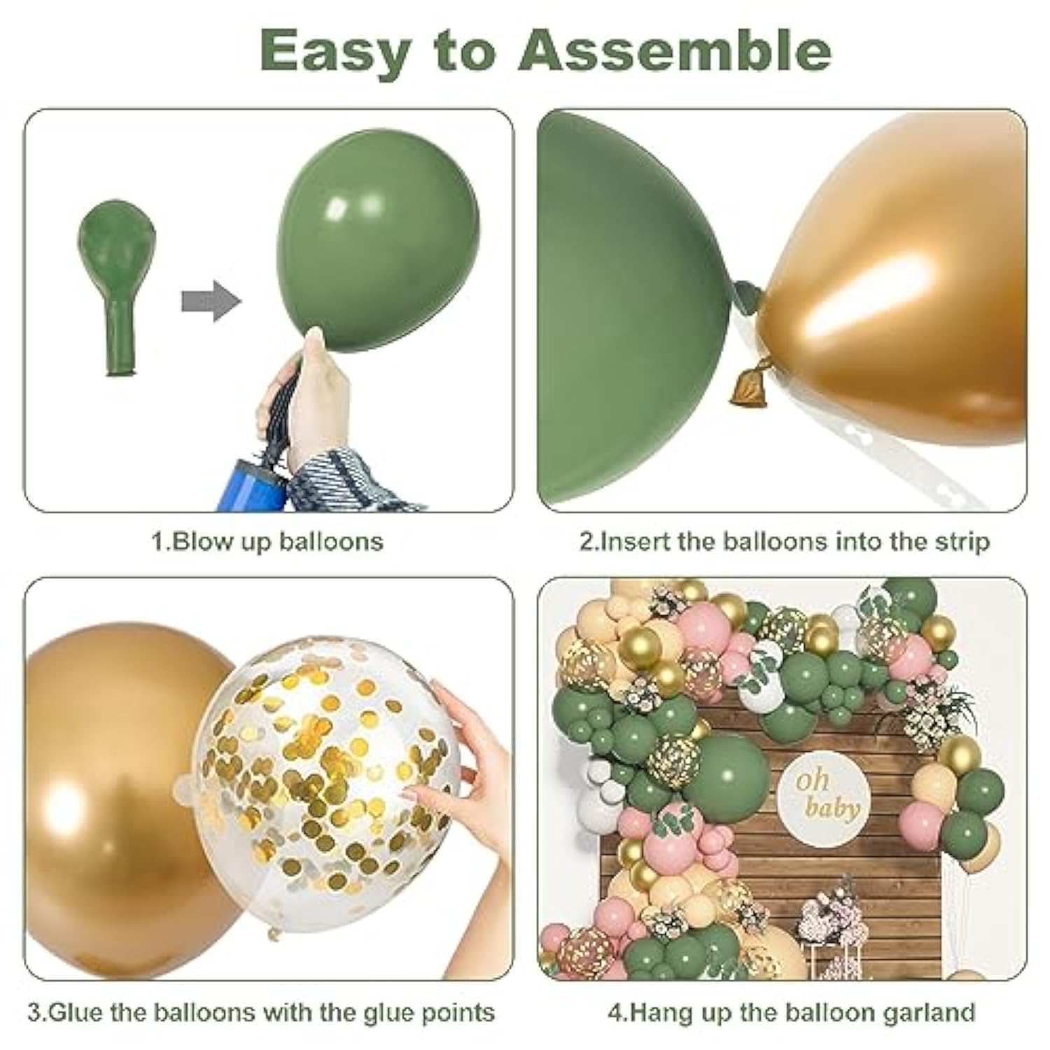 166Pcs Sage Green Balloon Garland Arch Kit Olive Green Blush Peach White Gold Balloons Artificial Eucalyptus Stems Jungle Safari Baby Shower Birthday Party Baptism Decorations For Boys Girls