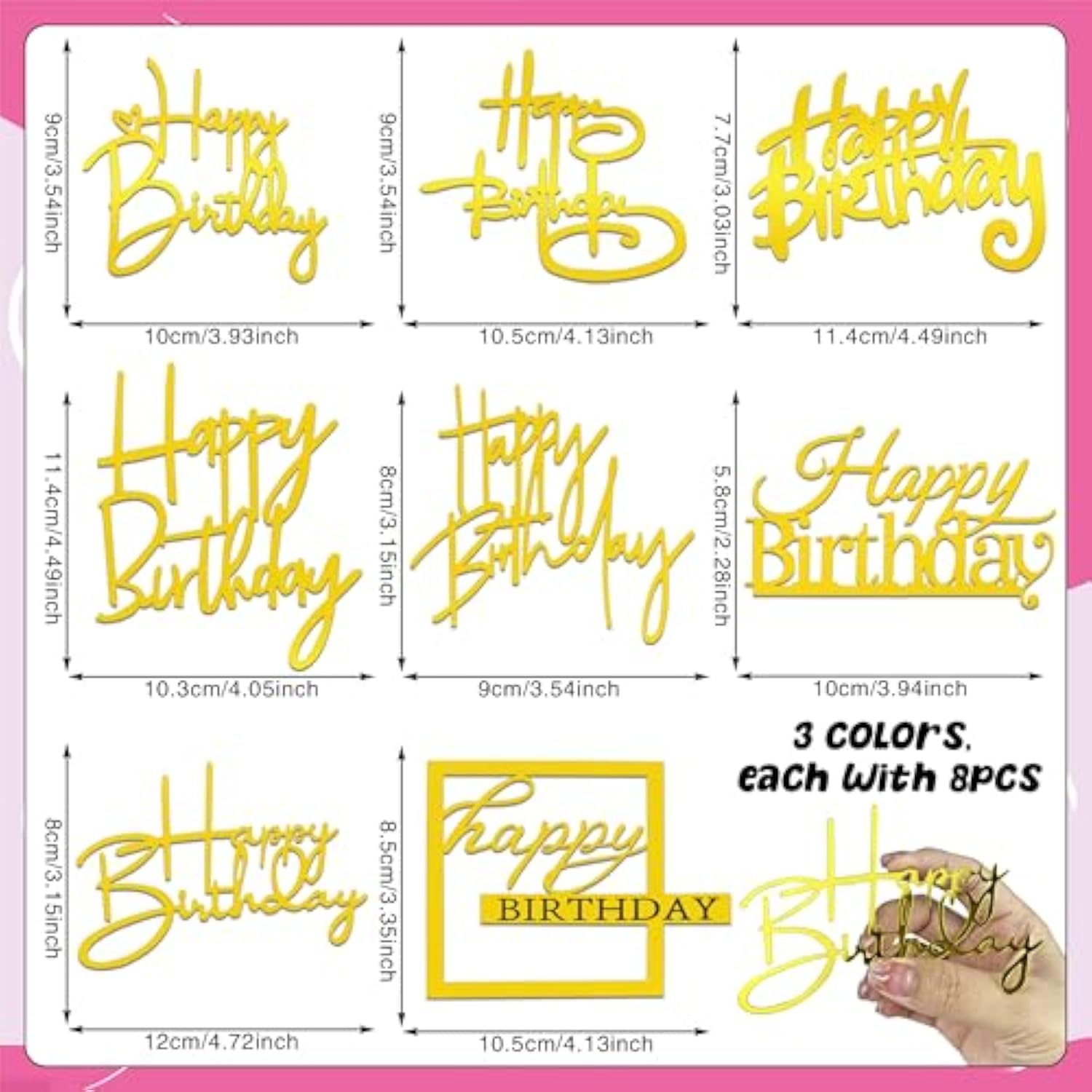 24pcs Mirror Acrylic Happy Birthday Cake Toppers – 8 Styles, 3 Colors Set