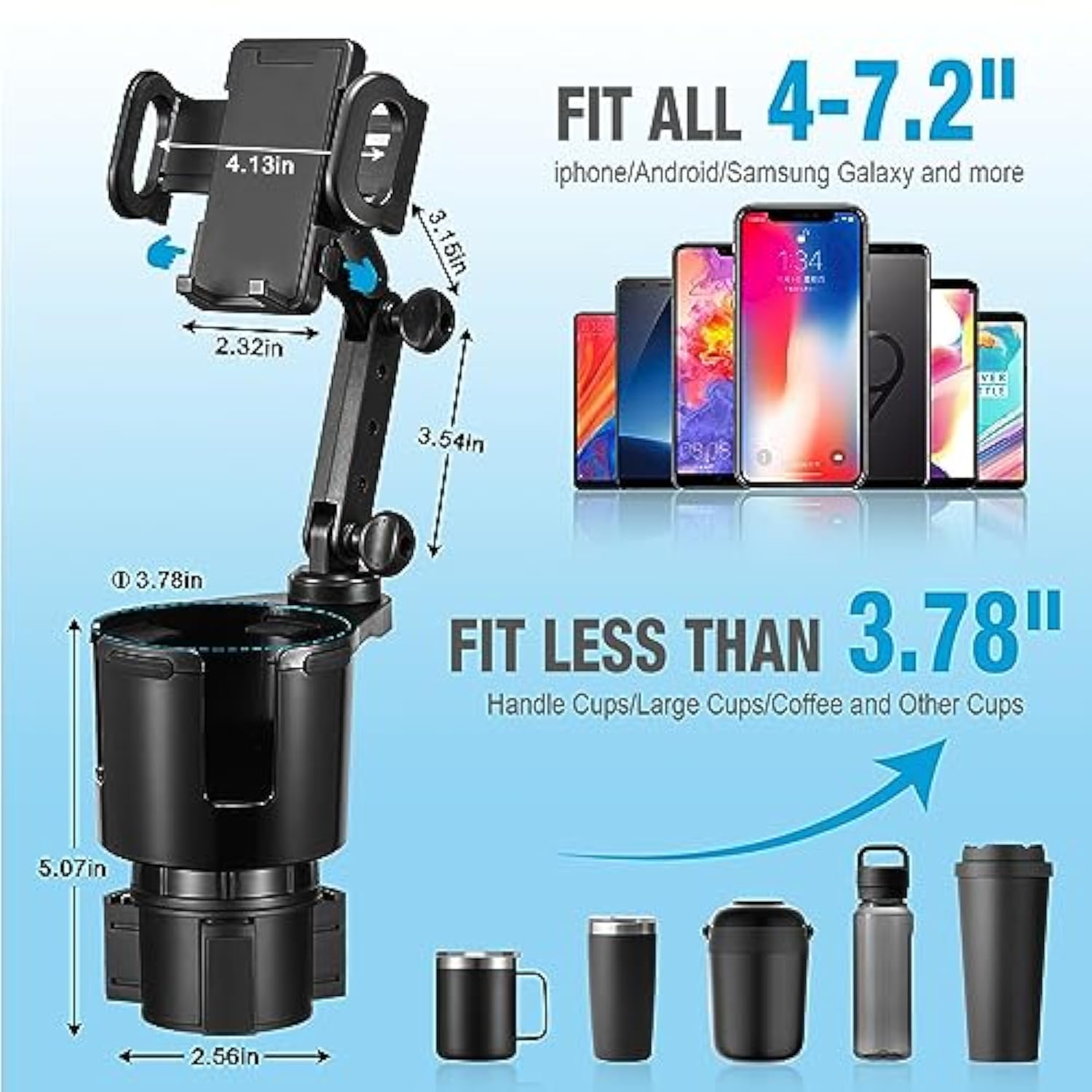 Cup Holder Phone Mount, 2 In 1 Cup Holder Expander For Car Long Arm With 360°Rotation Cup Holder Cell Phone Holder For Car Compatible With All Smartphones
