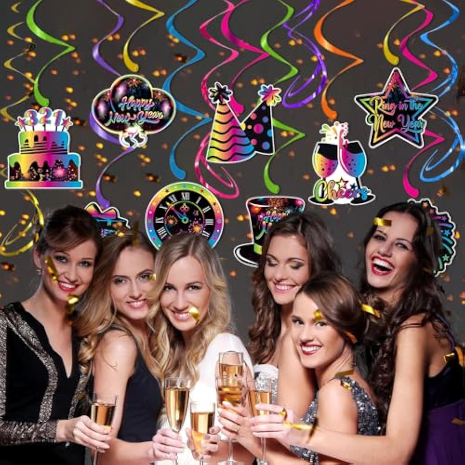 2026 Happy New Year Neon Banner Hanging Swirls Glow Party Decorations