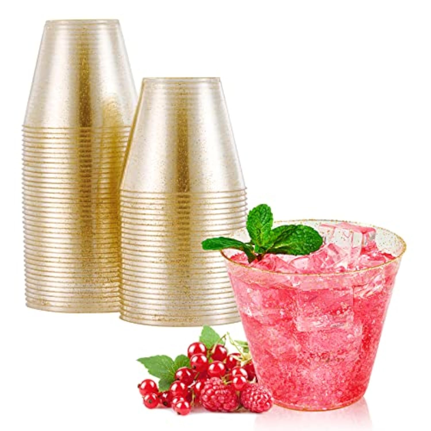 50 Pack 9 Oz Glitter Plastic Cups, Disposable Gold Cups, Clear Plastic Tumblers For Weddings Thanksgiving, Christmas Parties