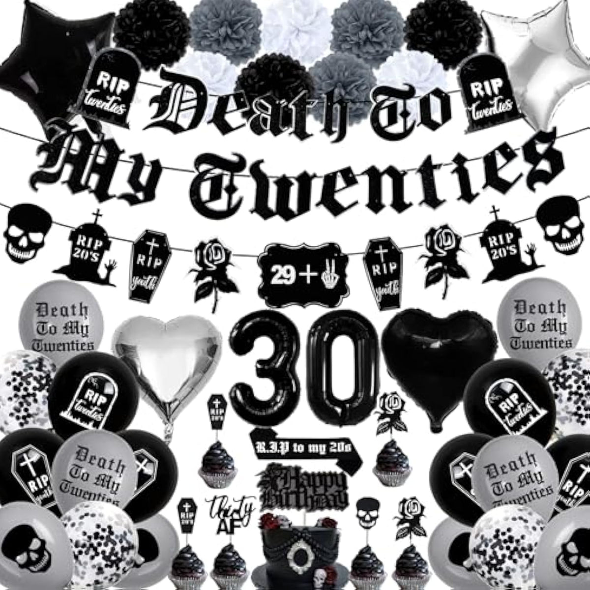 30Th Birthday Decorations Pack, Death To My 20S Party Supplies Including Birthday Banner Rip To My 20S Sash Number 30 Balloon Cake Cupcake Toppers Funeral For My Youth Funny Thirtieth Birthday Party