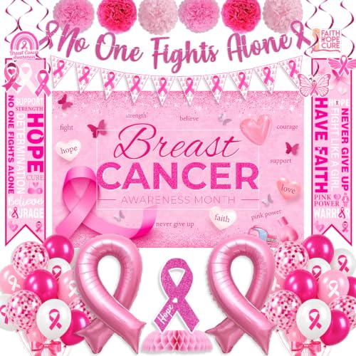 Breast Cancer Awareness Decorations,46PCS Breast Cancer Awareness Set with No one Fights Alone Banner,Breast Cancer Banner,Hanging Swirls,Pink Ribbon Balloons for October Pink Ribbon Party Supplies