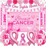 Breast Cancer Awareness Decorations,46PCS Breast Cancer Awareness Set with No one Fights Alone Banner,Breast Cancer Banner,Hanging Swirls,Pink Ribbon Balloons for October Pink Ribbon Party Supplies