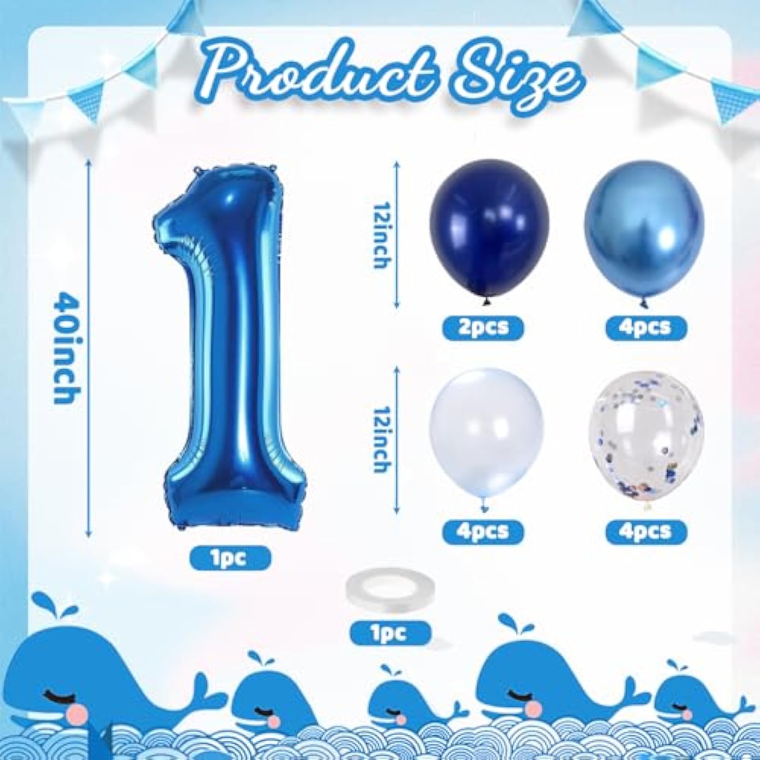 Dark Blue Number 1 Balloon 40 Inch, Large Balloon 1 With Metallic Light Navy Blue Silver Confetti Balloon, Self Inflating Helium Foil One Balloons For Boys 1St Birthday Party Baby Shower Decorations