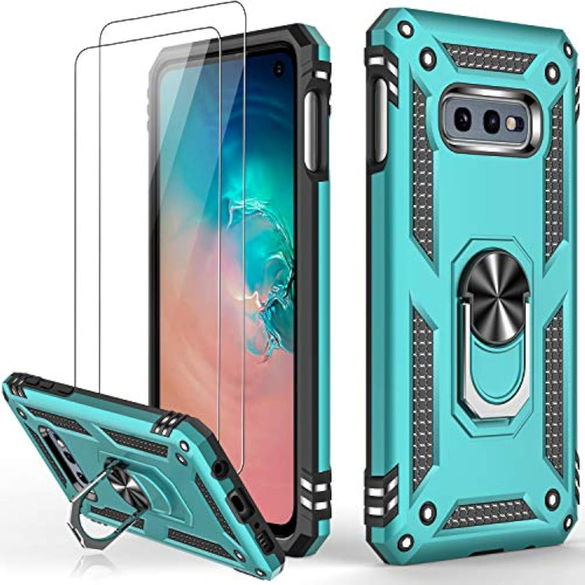 For Galaxy S10E Case With Screen Protector, Grade Shockproof Heavy Duty Protective Phone Cover Pass 16Ft Drop Test With Magnetic Kickstand Car Mount Holder Turquoise
