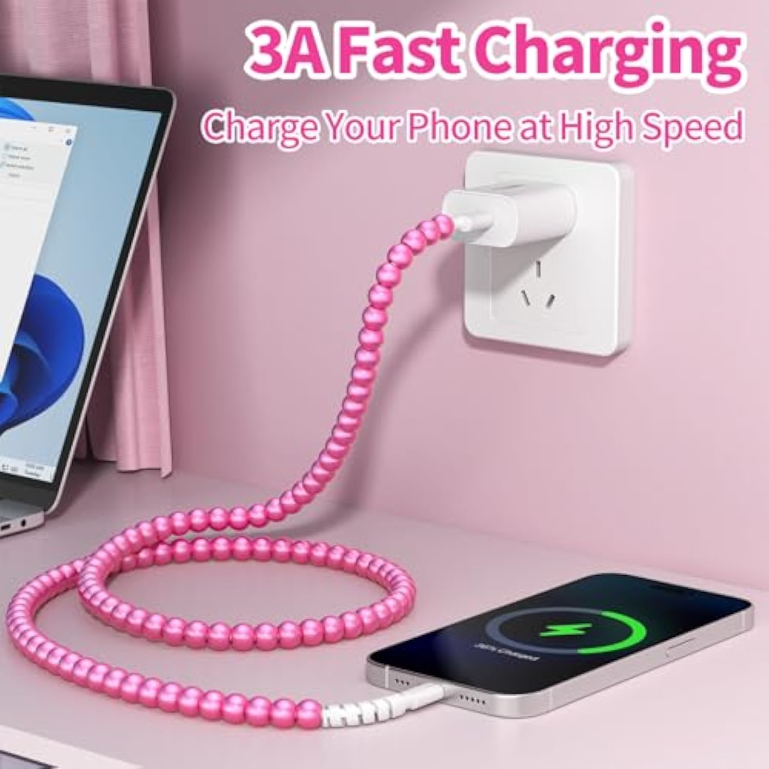 Usb A To Usb C Cable, For Iphone 16 Charging Cord Fast Charging Cable 3.3Ft Elegant Pearl Beads For Girls Women For Iphone 15, For Ipad 10Th Generation, For Galaxy S25-Hot Pink