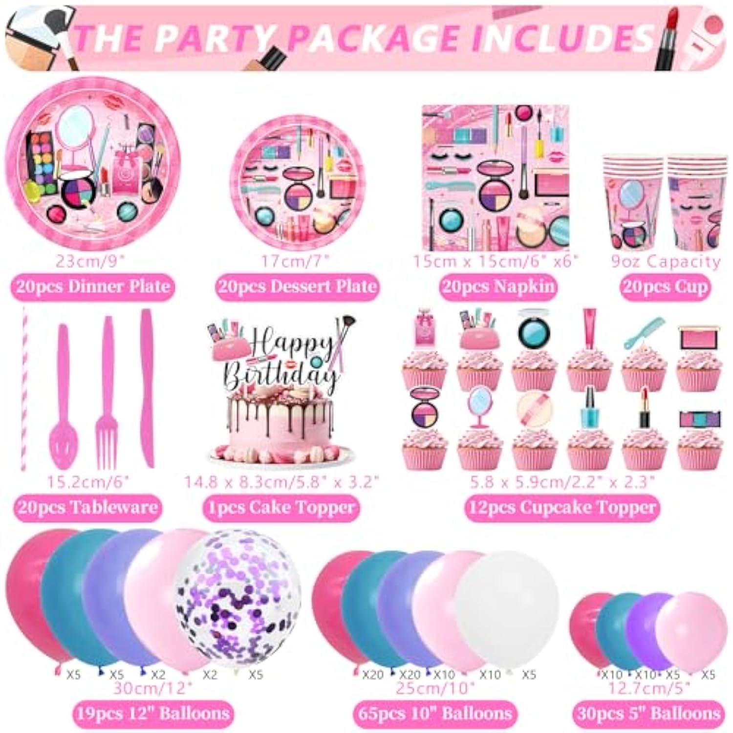Spa Birthday Party Decoration - Makeup Party Favors, Plates Cups Napkins Tablecloth Cutlery Backdrop Balloons Arch Cake Toppers For Girls Women Slumber Pamper Spa Birthday Party Supplies