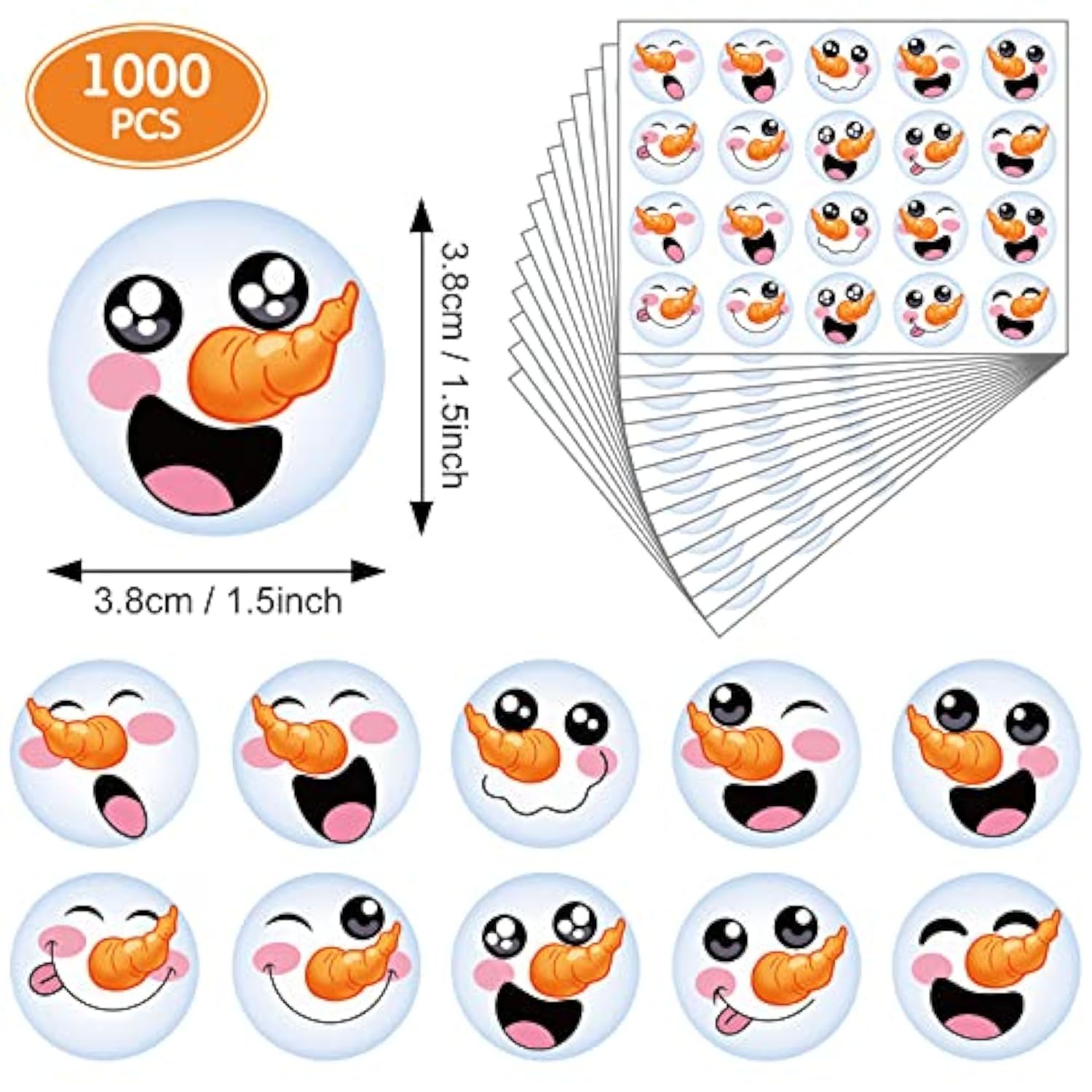 1000 Pieces Happy Snowman Stickers - Christmas Roll Circle Face Winter Holiday Label - Cute Seals Cards Fun Presents For Kids Xmas Party Decoration Supplies