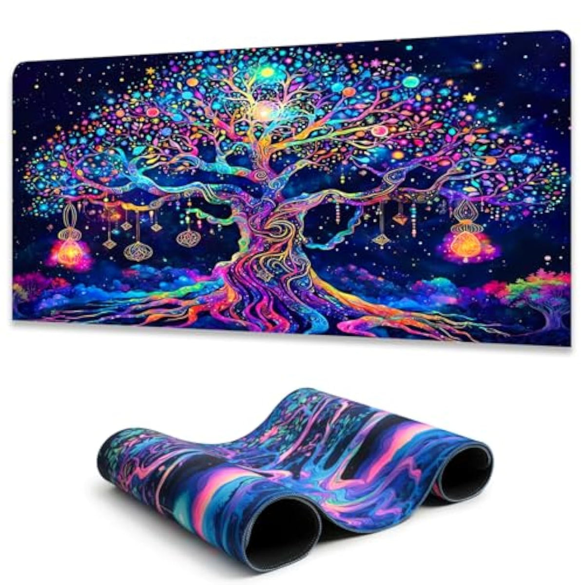 Colorful Tree Of Life Mouse Pad, Blacklight Gaming Extended Large Desk Pad, Uv Reactive Waterproof Long Keyboard Big Mouse Mat With 3Mm Non-Slip Rubber Base For Office Home - 31.5" X 11.8"