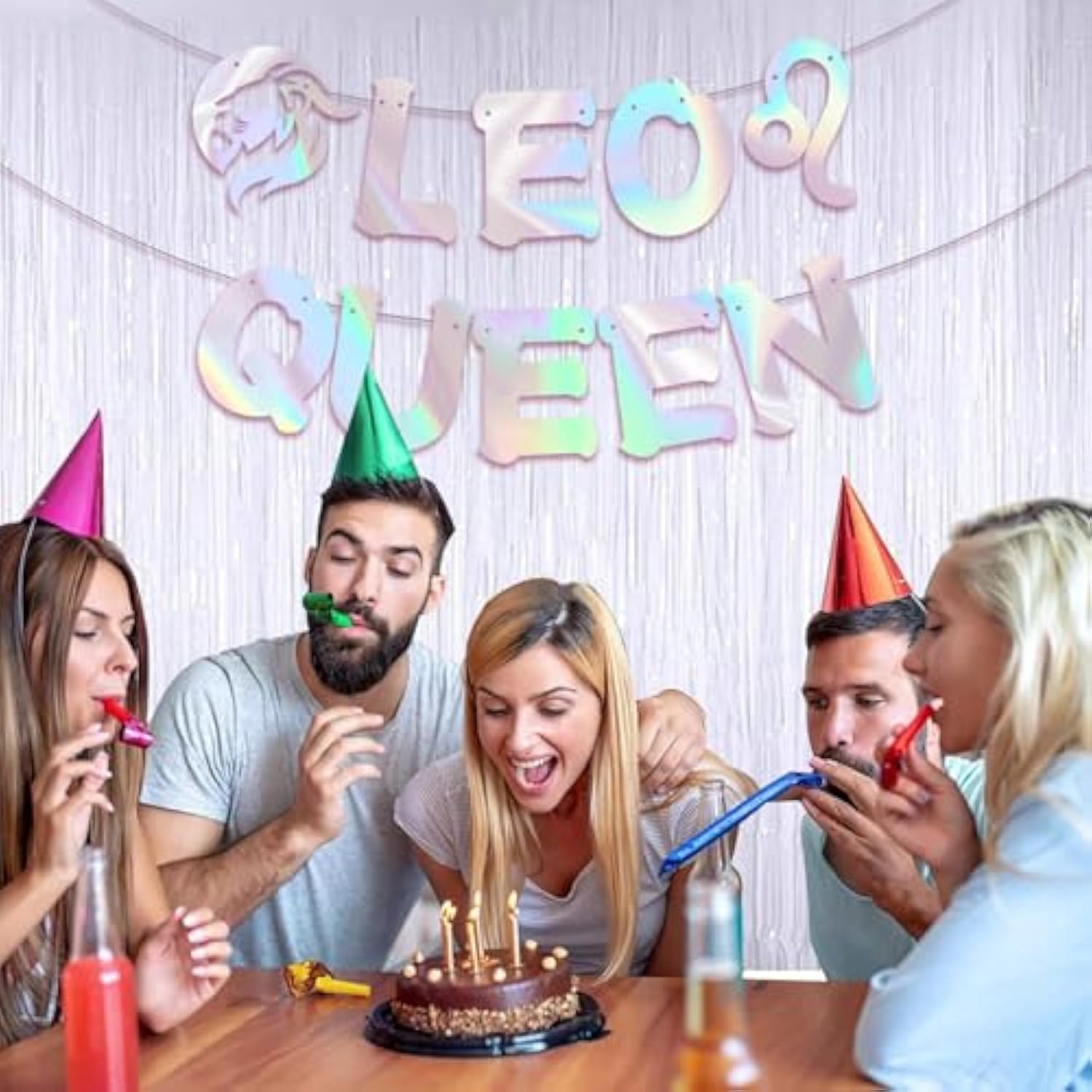 Leo Queen Banner For July August Birthday Party Decorations, Glitter Iridescent Zodiac Leo Birthday Banner For Horoscope, Astrology Bday Party Decor, Ideas, Jokes And Favors (Iridescent)