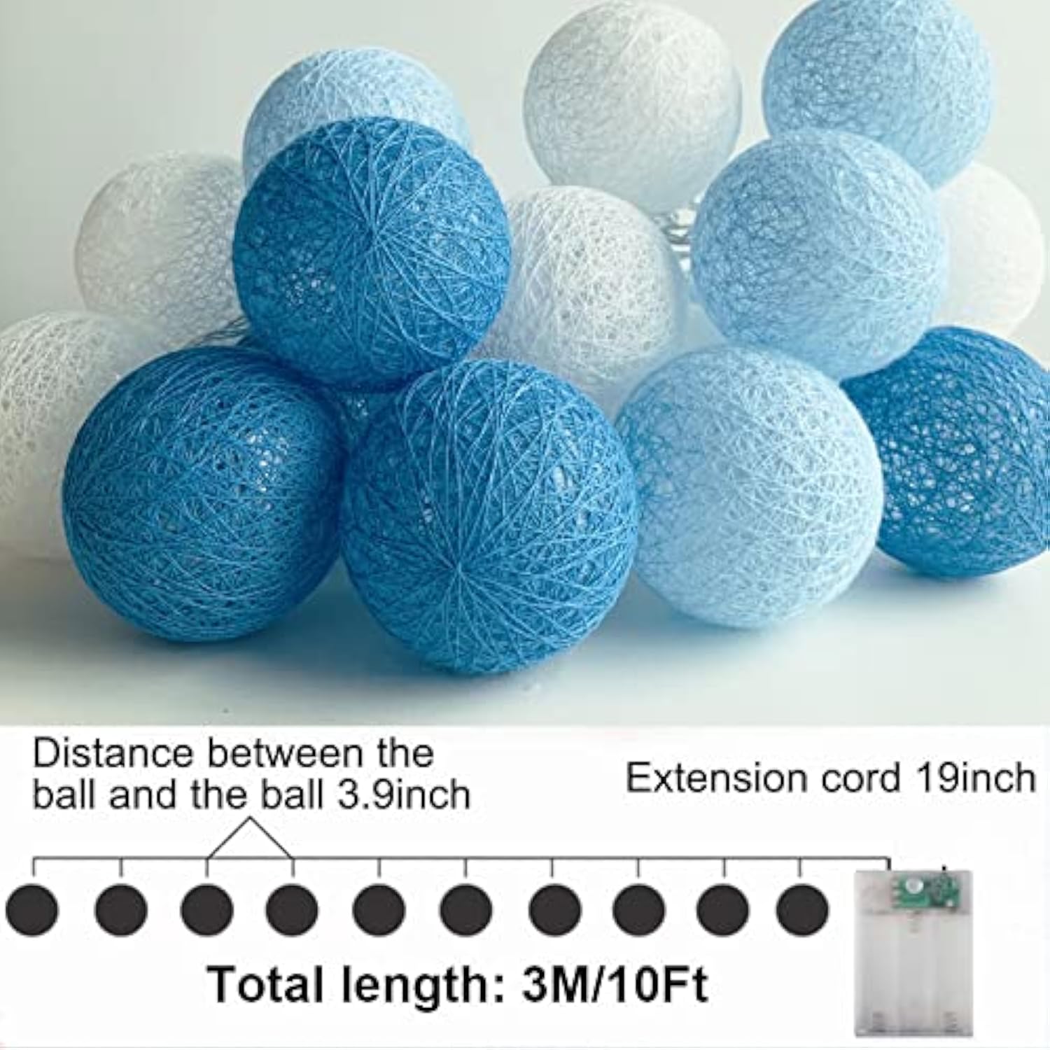 Blue 6Cm Cotton Balls String Lights Pom Pom Lights For Bedroom Playroom 3M/10.2Ft 20 Leds Fairy Lights For Bedroom, Apar