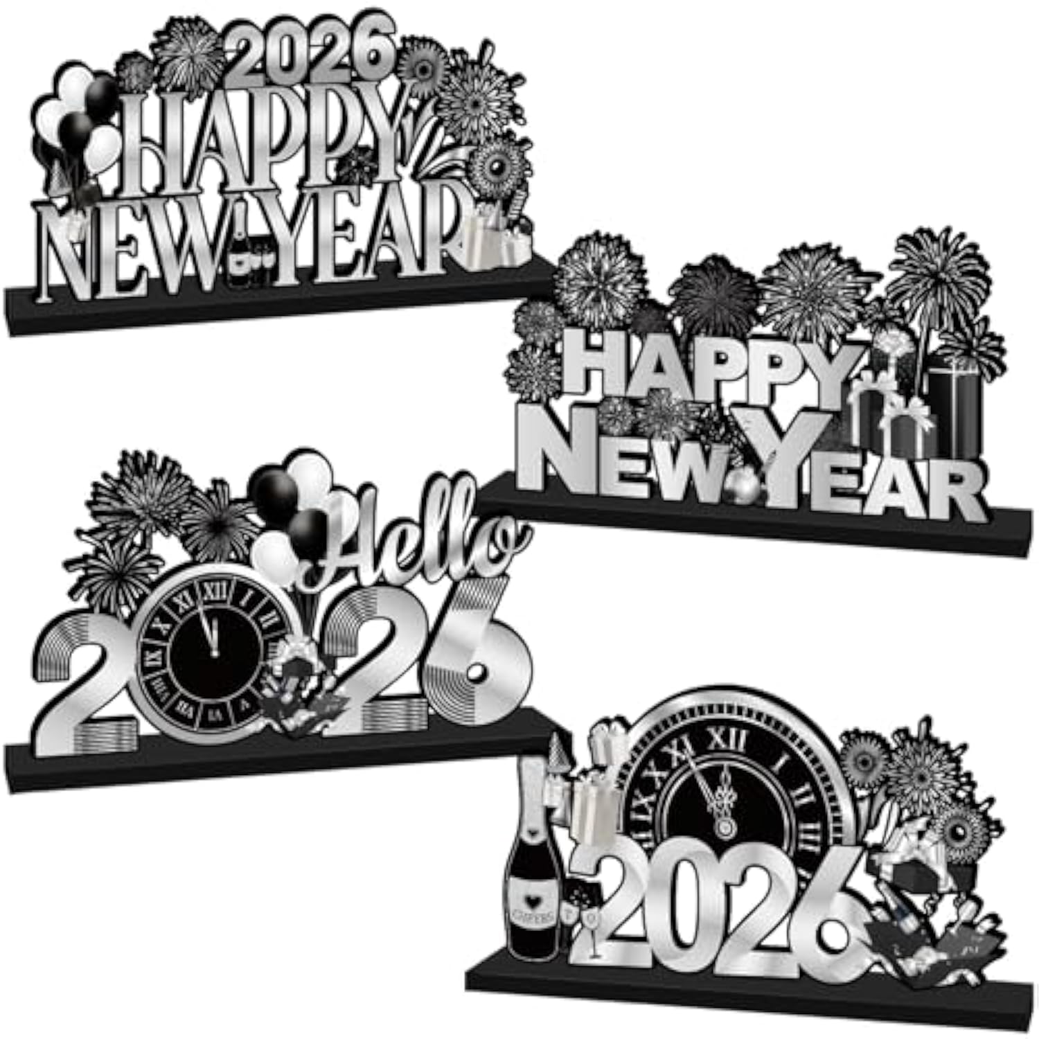 4-Pack 2026 Wooden Table Decorations in Black and Silver for New Year Parties