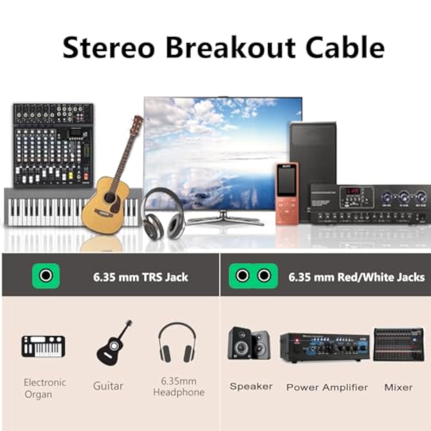 1/4 Trs To Dual 1/4 Ts Y Splitter Cable, 1/4" Female Stereo To Dual 6.35Mm Ts Male Adapter, 6.35Mm Female To 2 1/4 Inch Mono Breakout Cable - 1 Ft