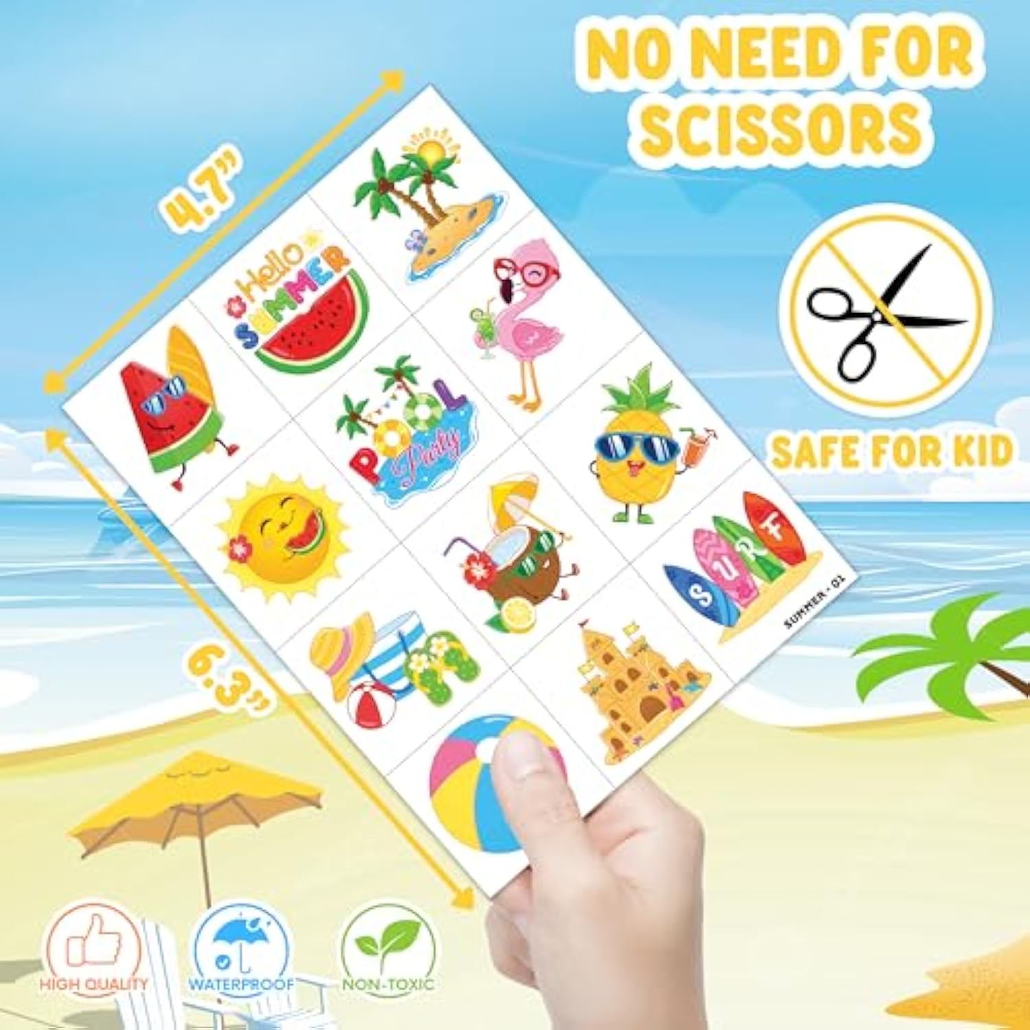 96 Pcs Hello Summer Beach Pool Hawaiian Pre-Cut Temporary Tattoos For Kids | Super Cute Themed Birthday Party Favors, Supplies, Decorations, Fake Tattoo Stickers (Multiple)