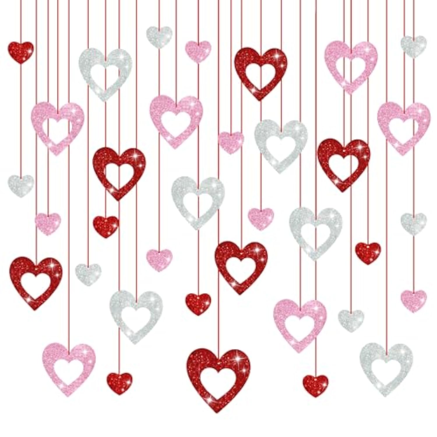 36 Pcs Valentine'S Day Decorations Glitter Heart Hanging Swirls - No Diy Red Pink Silver Heart Hanging Decorations Party Decoration Swirls Ornaments For Valentines Day Party Supplies Decorations