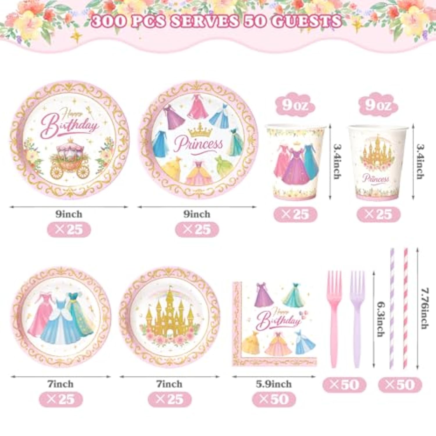 300 Pcs Princess Paper Plates Napkins, Birthday Party Supplies Include Forks Cups Straws, Summer Party Tableware Set For Kids, Serves 50 Guests