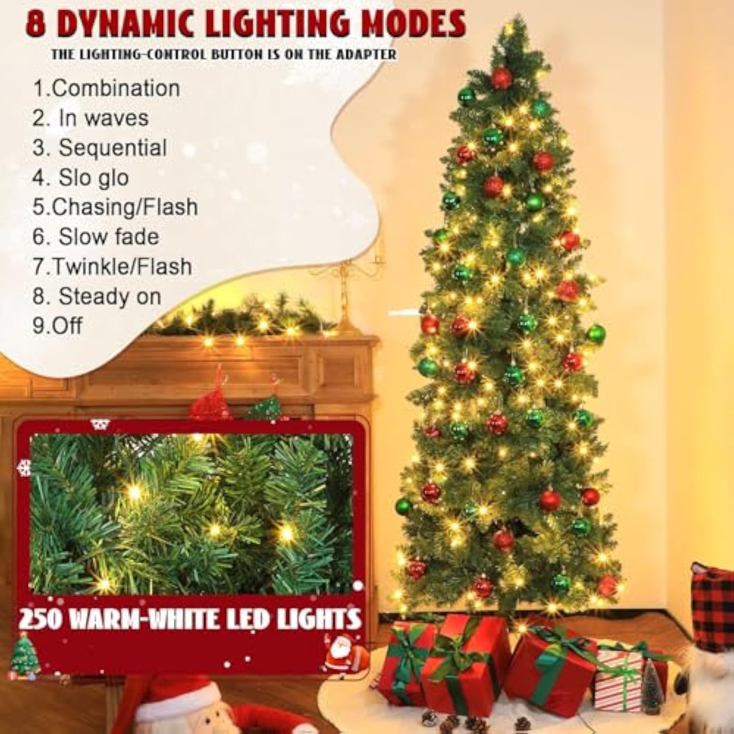 41 Pcs 7 Ft Artificial Slim Christmas Tree With 250 Led Warm White String Lights 40 Red Green Ball Ornaments Skinny Thin Pencil Tree With Metal Stand For Home Xmas Holiday Party Decoration