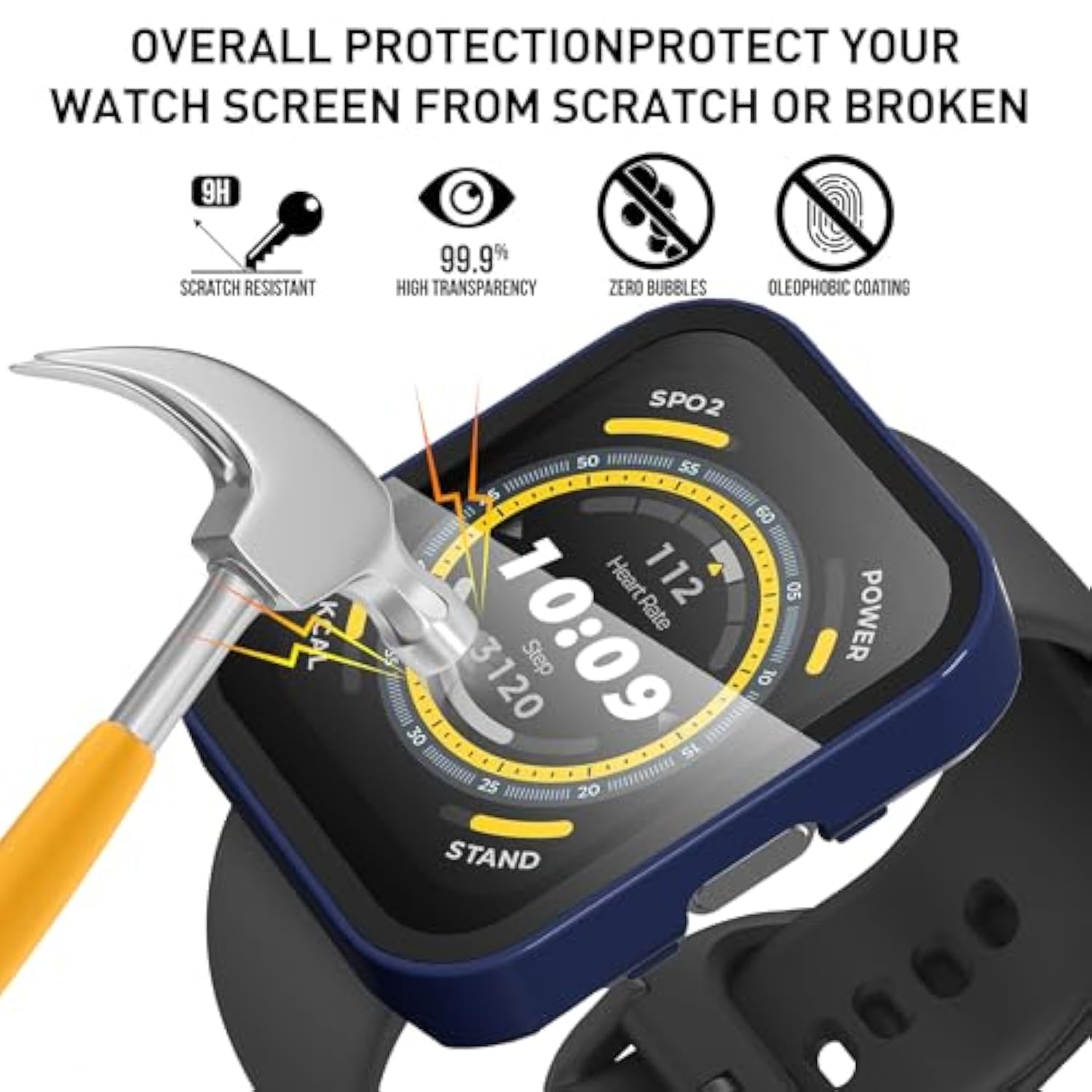 3-Pack For Amazfit Bip 5 Smartwatch Case, 9H Tempered Glass Screen Protector + Full Coverage Durable Pc Hard Protective Bumper Cover -Black+Blue+Green