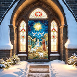 Nativity Christmas Door Cover Decorations - Jesus Holy Night Banner Blue Gold Religious Xmas Scene Sheep Front Door Cover Banner Backdrop For Holiday Farmhouse Decor