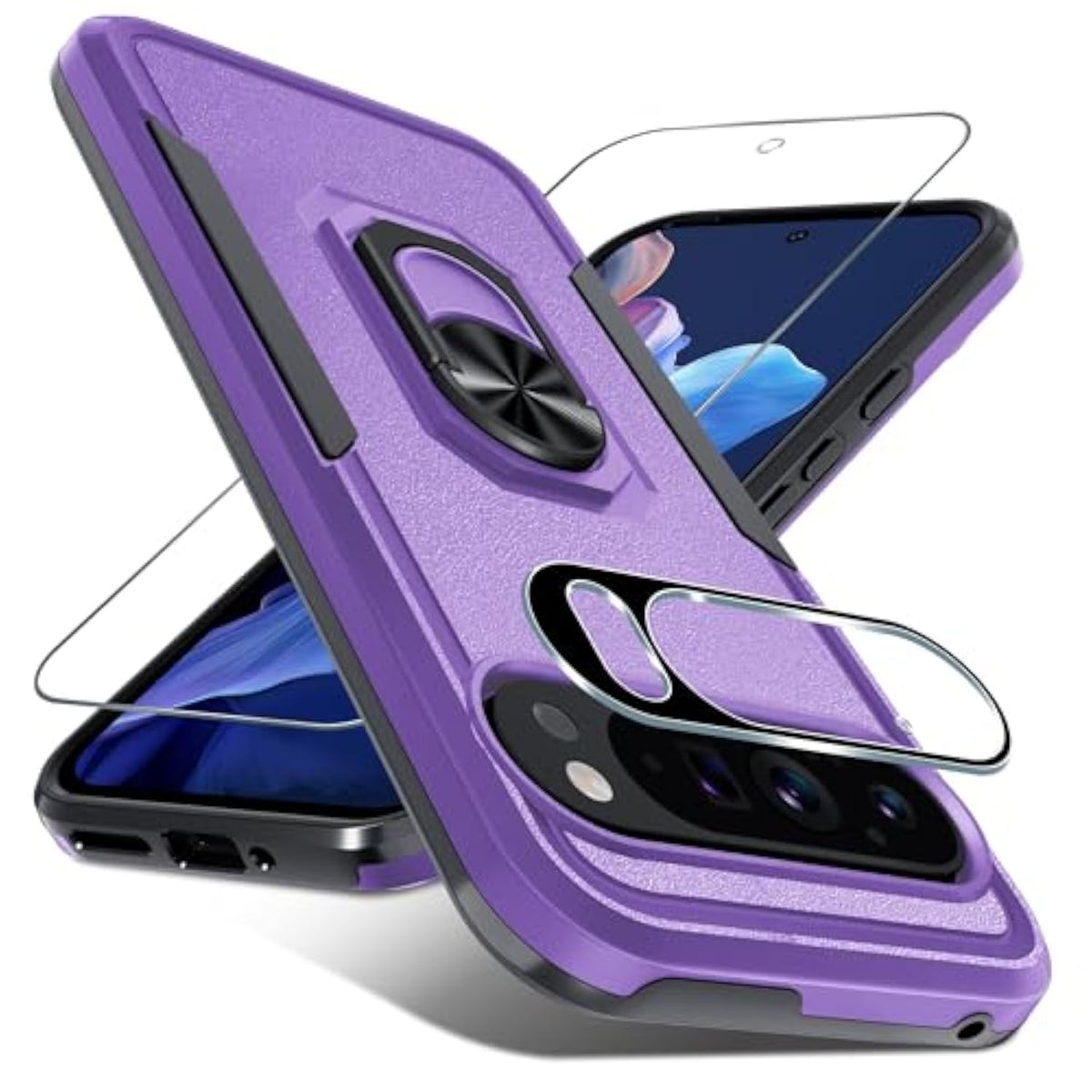 For Google Pixel 9/9 Pro Case With Screen Protector+Camera Lens Protector,Heavy Duty Shockproof Full Body Phone Cover Built In Metal Ring Holder Kickstand,2024 Lavender