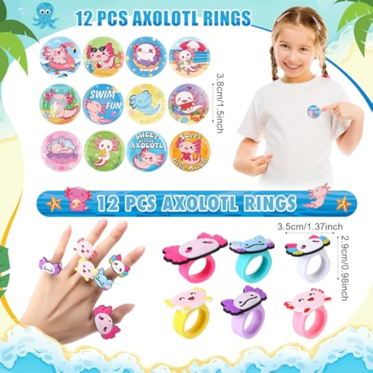 134 Pcs Axolotles Party Favors Bulk For Kids With Silicone Slap Bracelets Stickers Stampers Rings Badges Miniature Figures For Axolotl Themed Birthday Party Decorations Goodies Bags Stuffers