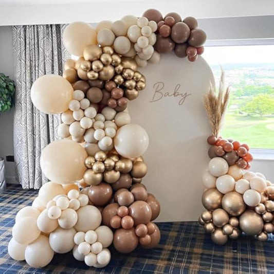 Brown Balloon Garland Arch Kit 153Pcs Nude Sand Beige White Chrome Gol