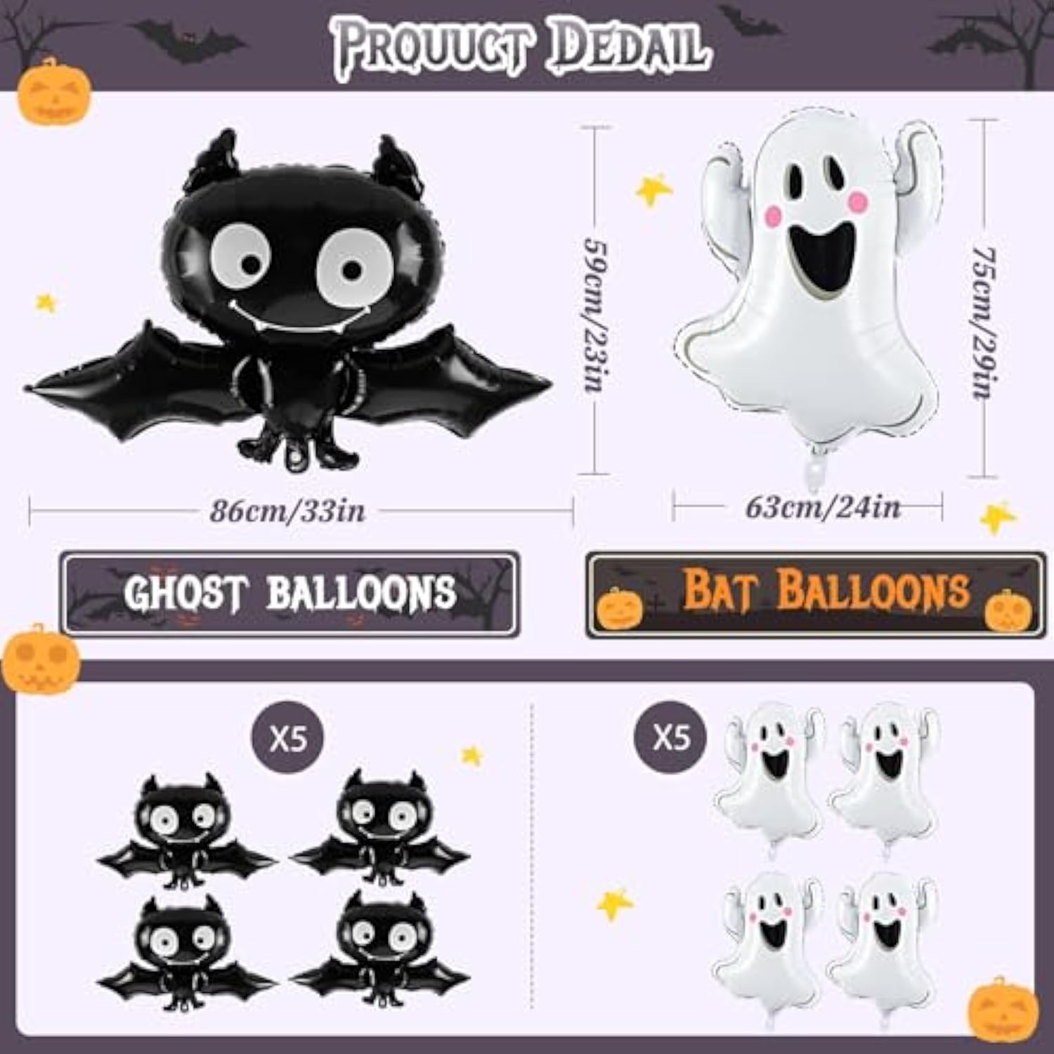 10Pcs Halloween Foil Balloons - 30" Mylar Ghost & Bat Balloons for Party Decorations