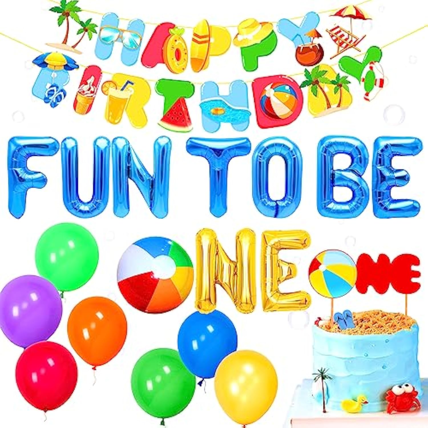 Fun to Be One Beach Party Décor, Pool Birthday Balloons & Beach Ball Cake Topper