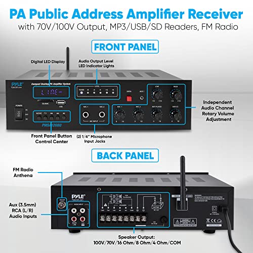 Public Address Amplifier - 500W Compact Digital Receiver w/ 70V 100V Output, Dual Mic Input, USB-A Input w/ MP3 Player, FM Radio, RCA