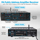 Public Address Amplifier - 500W Compact Digital Receiver w/ 70V 100V Output, Dual Mic Input, USB-A Input w/ MP3 Player, FM Radio, RCA