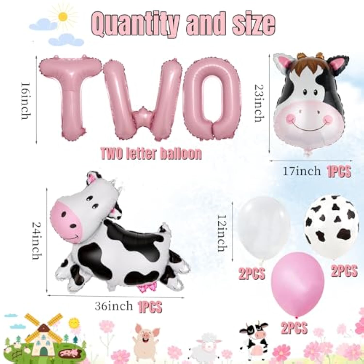 19Pcs Farm Animal Balloons Cow Sheep Pig Donkey Foil Baby Shower 2nd Birthday Decor