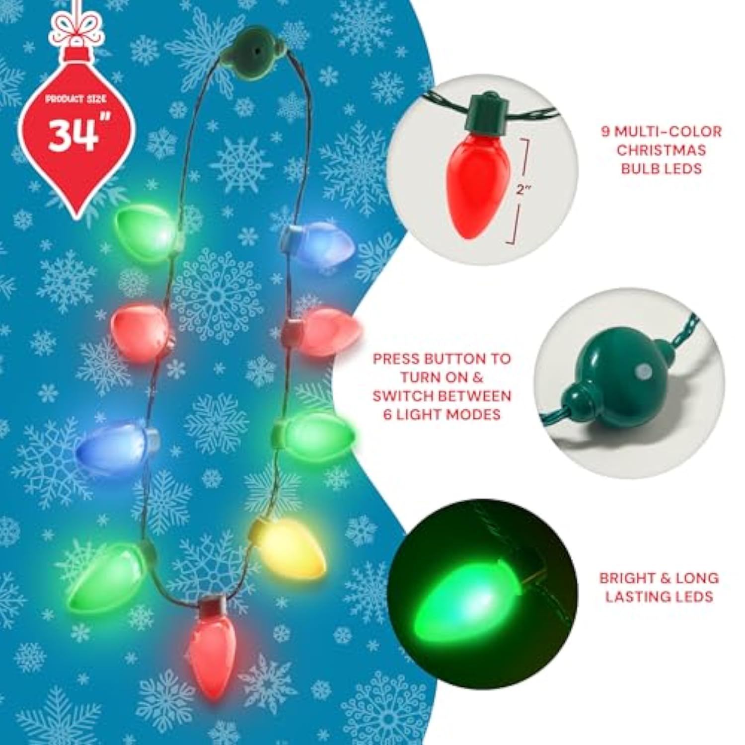 Windy City Novelties LED Light Up Christmas Bulb Necklace with 6 Dynamic Light Modes – Flashing Holiday Accessory for Parties, Parades & Festive Events
