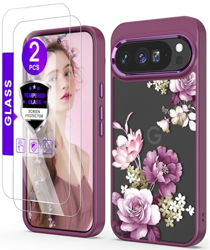 for Google 10 Pro XL Case+Tempered Glass Screen Protector, [Military Grade Protective] Slim Soft TPU & Hard PC,Girls Women Crystal Clear Flower