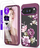 for Google 10 Pro XL Case+Tempered Glass Screen Protector, [Military Grade Protective] Slim Soft TPU & Hard PC,Girls Women Crystal Clear Flower