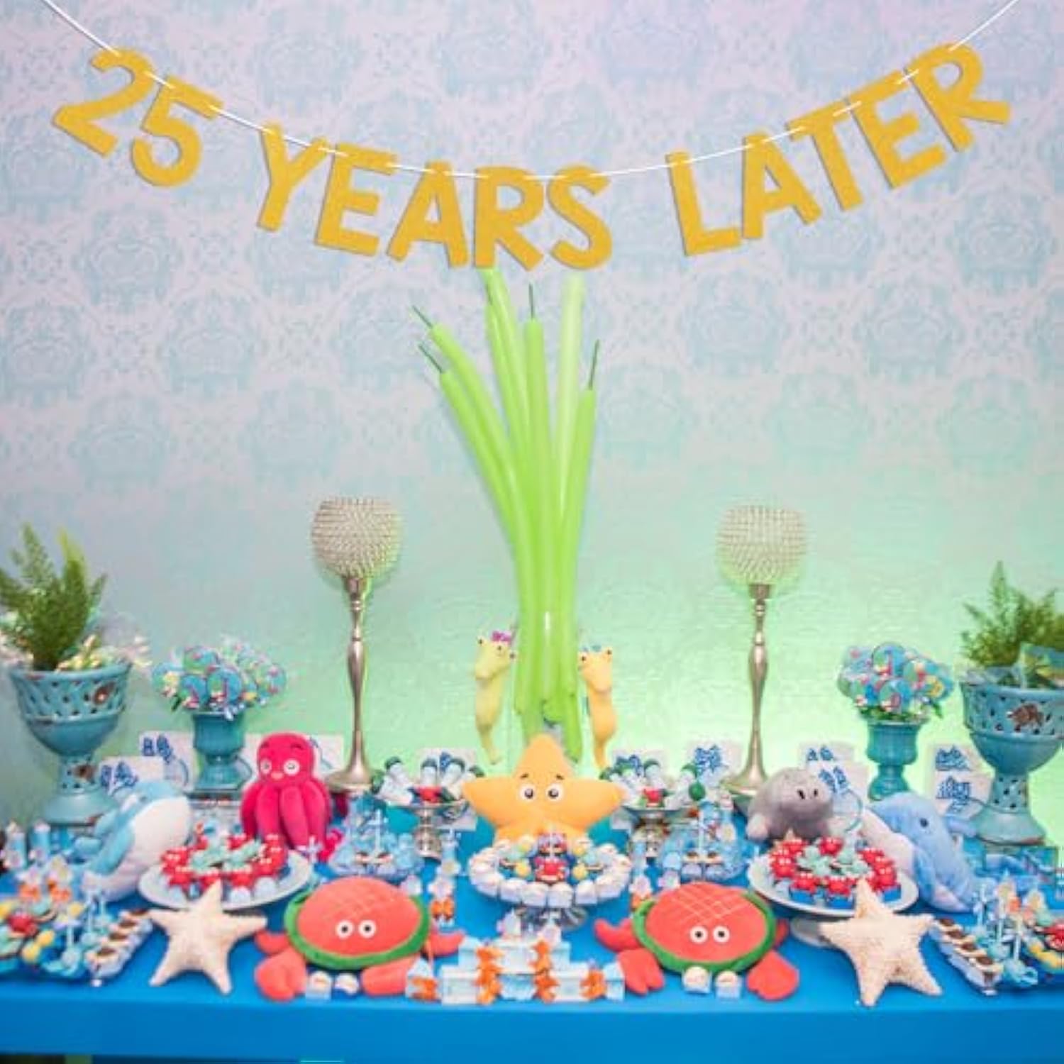 25 Years Later Banner - Yellow Sponge Themed Cartoon Pre-Strung Birthday Banner, Happy 25Th Birthday Anniversary Party Decorations Gold Glitter