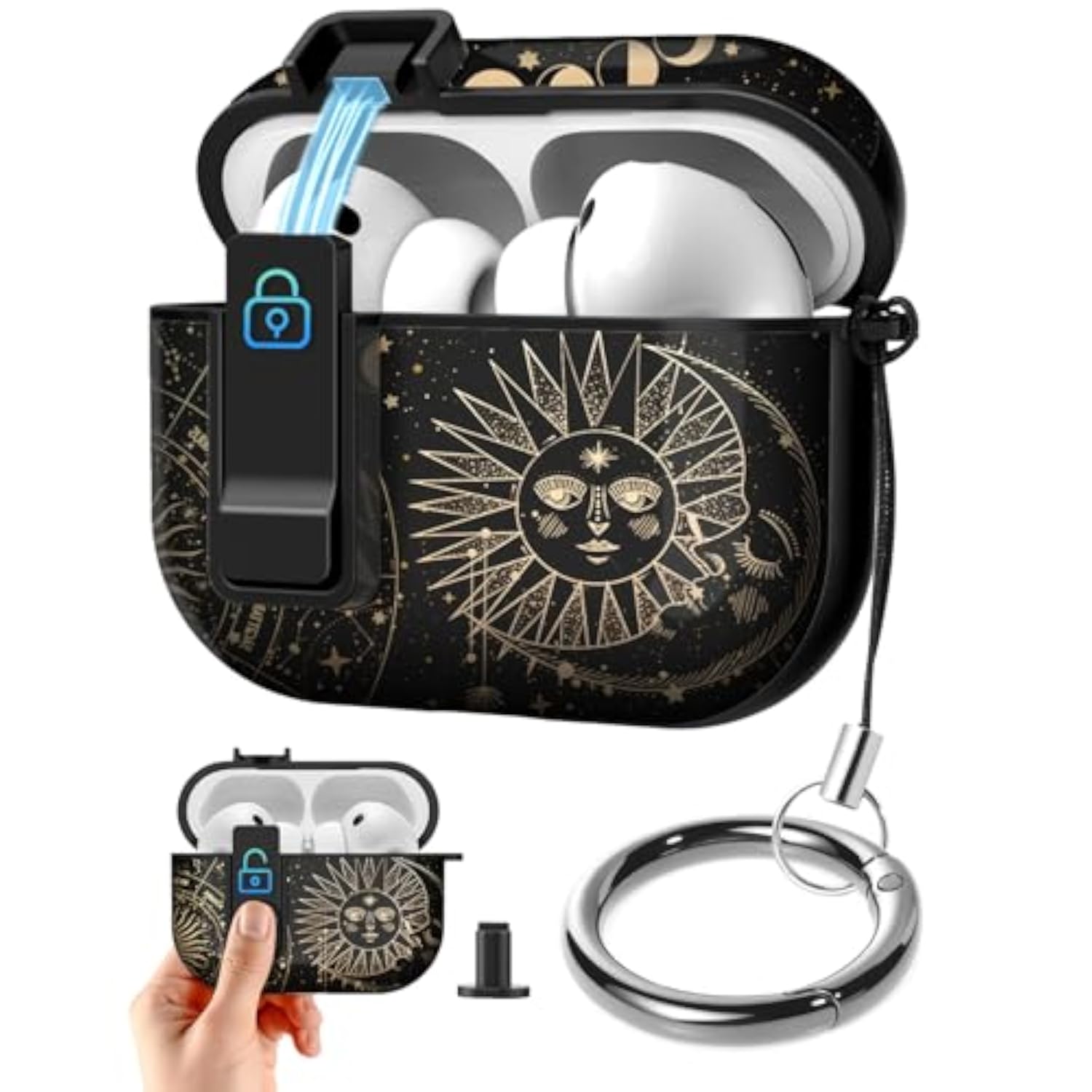 Airpods Pro 3 Case with Safety Lock Cute Women's Design Hard Shock Protective Cover with Keychain for Airpods Pro 3rd Generation 2025,Sun Moon