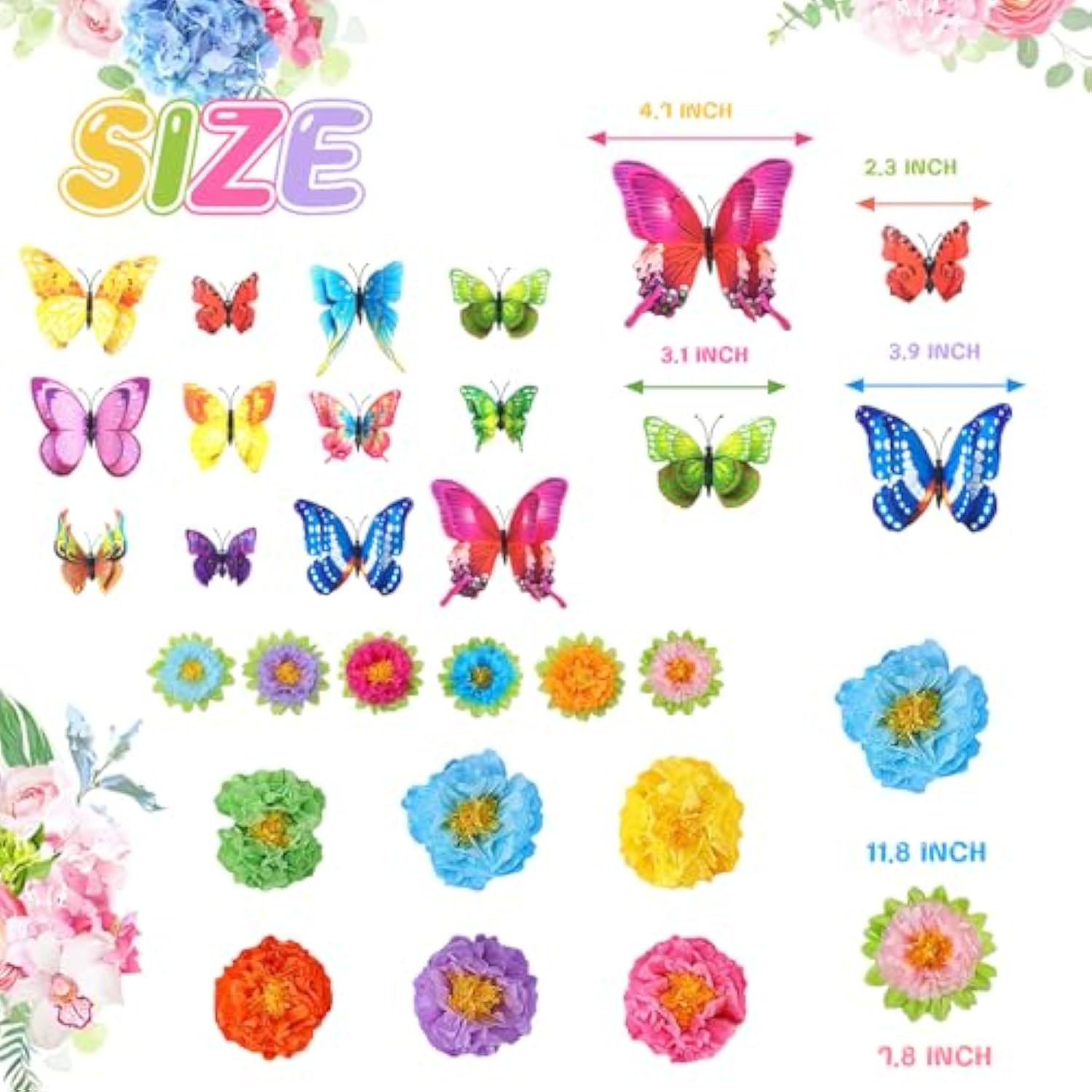36Pcs Flower Party Decorations Paper Flowers With 3D Butterfly Decorations, Spring Theme Party Backdrop Photo Booth Wall Decor