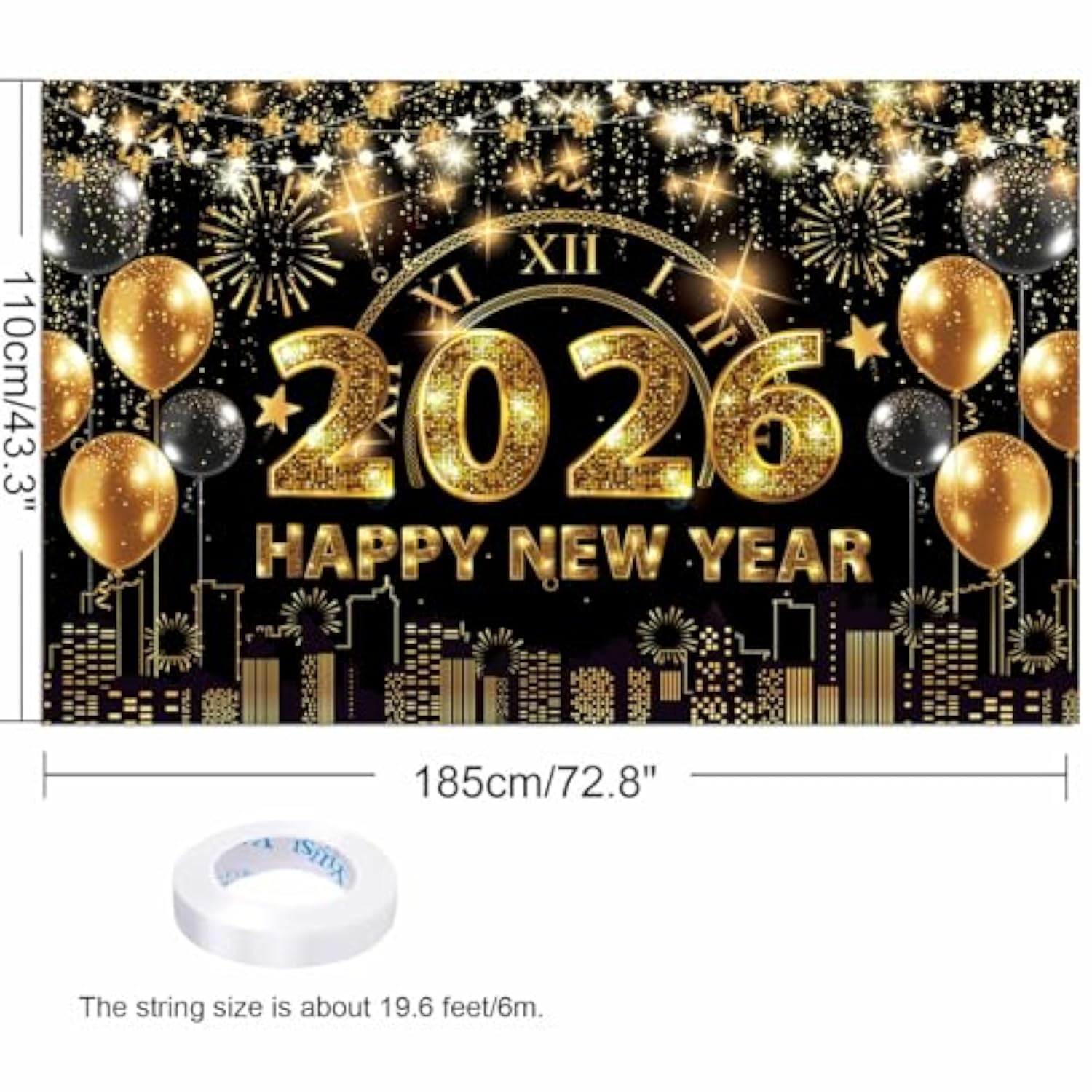 70x43 Inch Black Gold Happy New Year 2026 Backdrop Banner Party Decor
