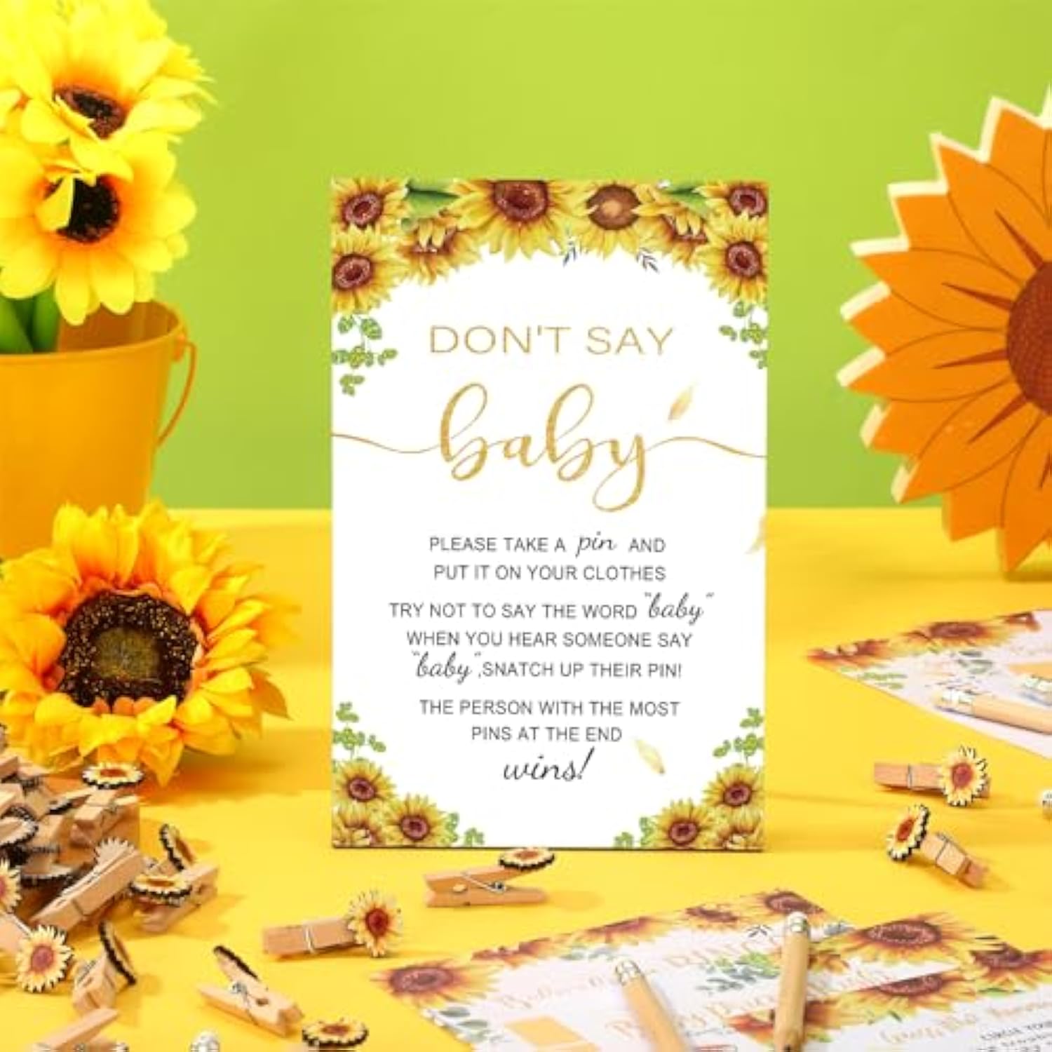 321 Pcs Sunflower Baby Shower Game Supplies For Girl Or Boy 5 Set Include 50 Activity Cards 20 Pencils 1 Don'T Say Baby Sign 50 Clothespins For Price Is Right Prediction Bingo Game Party Decor