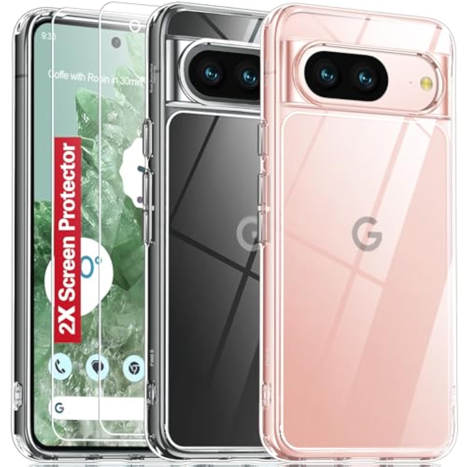 Google Pixel 8 Clear Case, 20X Anti-Yellowing, Built-In 4 Airbags, 10Ft Military Protection, Tempered Glass Screen Protector, Slim Fit