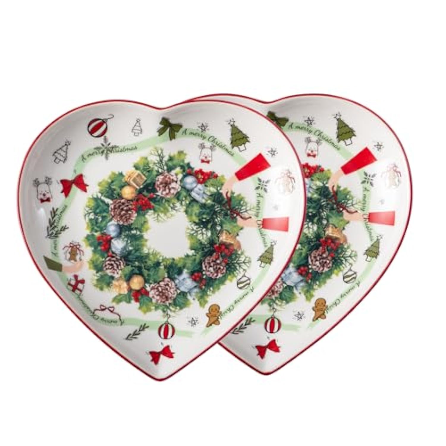 8 Inch Heart Shape Plate With Christmas Pattern, New Bone China For Serving Appetizer, Cake, Candy And Holiday Dish, For Holiday Table, Christmas Party Or Festival Celebration, Set Of 2, Green Wreath